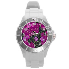 Floral Pattern Background Round Plastic Sport Watch (l)