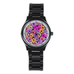 Floral Pattern Stainless Steel Round Watch