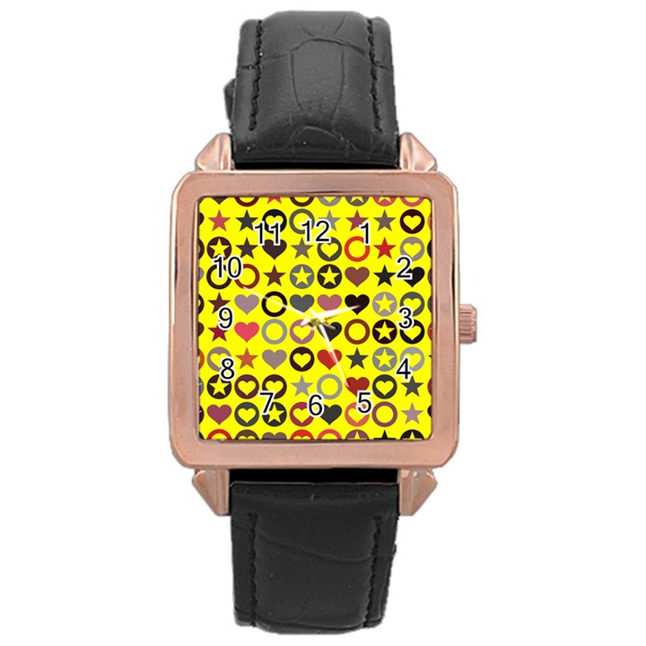 Heart Circle Star Seamless Pattern Rose Gold Leather Watch 