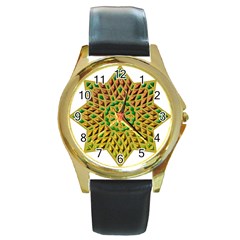 Star Pattern Tile Background Image Round Gold Metal Watch