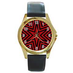 Star Red Kaleidoscope Pattern Round Gold Metal Watch