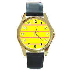 Background Image Horizontal Lines And Stripes Seamless Tileable Magenta Yellow Round Gold Metal Watch by Amaryn4rt