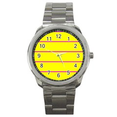 Background Image Horizontal Lines And Stripes Seamless Tileable Magenta Yellow Sport Metal Watch by Amaryn4rt