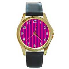 Deep Pink And Black Vertical Lines Round Gold Metal Watch