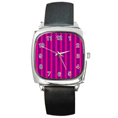 Deep Pink And Black Vertical Lines Square Metal Watch