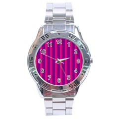 Deep Pink And Black Vertical Lines Stainless Steel Analogue Watch