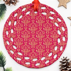 Damask Background Gold Round Filigree Ornament (two Sides)