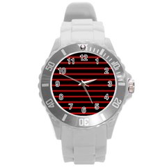 Red And Black Horizontal Lines And Stripes Seamless Tileable Round Plastic Sport Watch (l) by Amaryn4rt