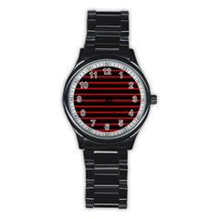 Red And Black Horizontal Lines And Stripes Seamless Tileable Stainless Steel Round Watch