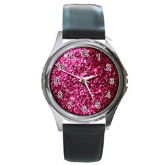 Pink Glitter Round Metal Watch by Amaryn4rt