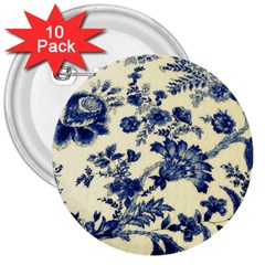 Vintage Blue Drawings On Fabric 3  Buttons (10 Pack) 