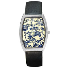 Vintage Blue Drawings On Fabric Barrel Style Metal Watch