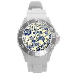 Vintage Blue Drawings On Fabric Round Plastic Sport Watch (l)