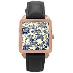 Vintage Blue Drawings On Fabric Rose Gold Leather Watch  Front