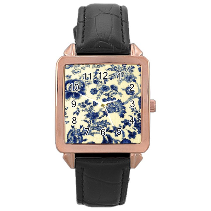 Vintage Blue Drawings On Fabric Rose Gold Leather Watch 