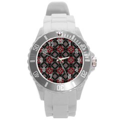 Abstract Black And Red Pattern Round Plastic Sport Watch (l) by Amaryn4rt