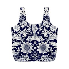 White Dark Blue Flowers Full Print Recycle Bags (m)  by Brittlevirginclothing