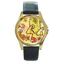 Abstract Faces Abstract Spiral Round Gold Metal Watch