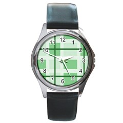 Abstract Green Squares Background Round Metal Watch by Amaryn4rt