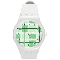 Abstract Green Squares Background Round Plastic Sport Watch (m)