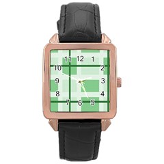 Abstract Green Squares Background Rose Gold Leather Watch 