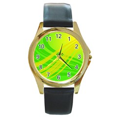 Abstract Green Yellow Background Round Gold Metal Watch