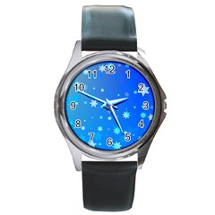 Blue Hot Pattern Blue Star Background Round Metal Watch by Amaryn4rt