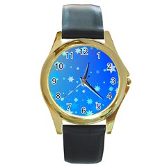 Blue Hot Pattern Blue Star Background Round Gold Metal Watch