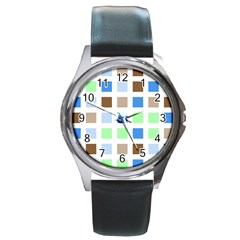 Colorful Green Background Tile Pattern Round Metal Watch