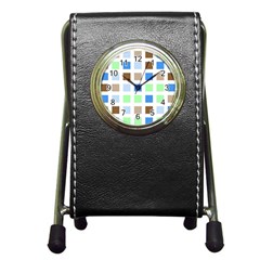 Colorful Green Background Tile Pattern Pen Holder Desk Clocks