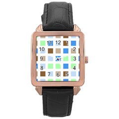 Colorful Green Background Tile Pattern Rose Gold Leather Watch 