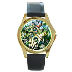 Dark Abstract Bubbles Round Gold Metal Watch