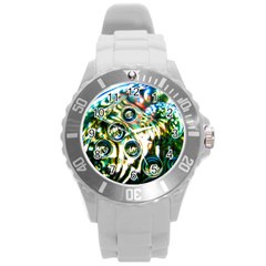 Dark Abstract Bubbles Round Plastic Sport Watch (l) by Amaryn4rt