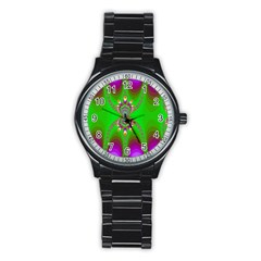 Green And Purple Fractal Stainless Steel Round Watch by Amaryn4rt