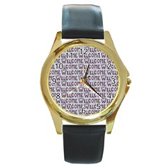 Welcome Letters Pattern Round Gold Metal Watch