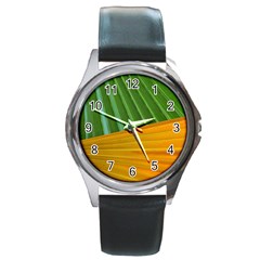 Pattern Colorful Palm Leaves Round Metal Watch