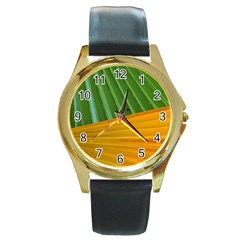 Pattern Colorful Palm Leaves Round Gold Metal Watch