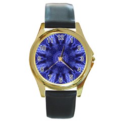 Tech Neon And Glow Backgrounds Psychedelic Art Round Gold Metal Watch