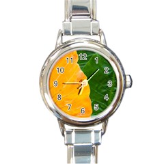 Wet Yellow And Green Leaves Abstract Pattern Round Italian Charm Watch by Amaryn4rt