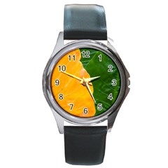 Wet Yellow And Green Leaves Abstract Pattern Round Metal Watch by Amaryn4rt