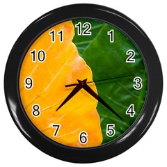 Wet Yellow And Green Leaves Abstract Pattern Wall Clocks (black) by Amaryn4rt