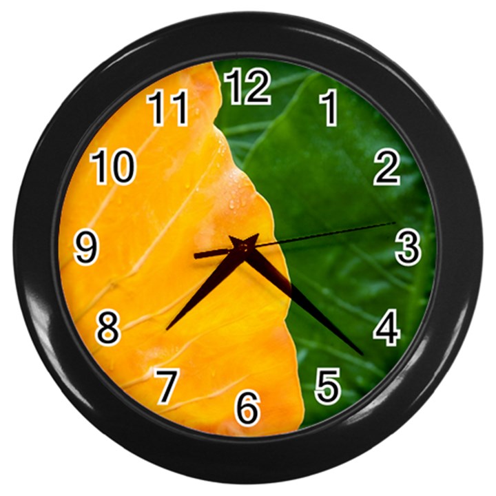 Wet Yellow And Green Leaves Abstract Pattern Wall Clocks (Black)