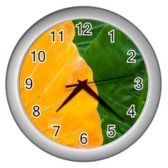 Wet Yellow And Green Leaves Abstract Pattern Wall Clocks (silver)  by Amaryn4rt