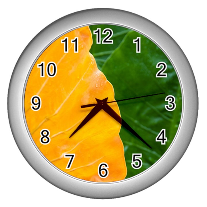 Wet Yellow And Green Leaves Abstract Pattern Wall Clocks (Silver) 