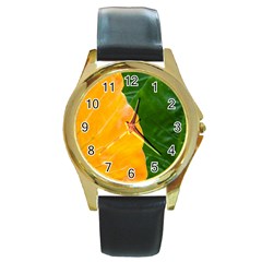 Wet Yellow And Green Leaves Abstract Pattern Round Gold Metal Watch by Amaryn4rt