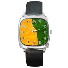 Wet Yellow And Green Leaves Abstract Pattern Square Metal Watch by Amaryn4rt