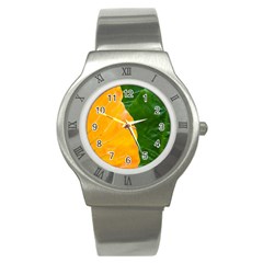 Wet Yellow And Green Leaves Abstract Pattern Stainless Steel Watch by Amaryn4rt