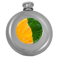 Wet Yellow And Green Leaves Abstract Pattern Round Hip Flask (5 Oz) by Amaryn4rt