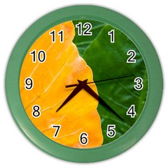 Wet Yellow And Green Leaves Abstract Pattern Color Wall Clocks by Amaryn4rt