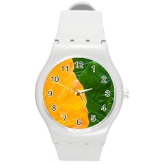 Wet Yellow And Green Leaves Abstract Pattern Round Plastic Sport Watch (m) by Amaryn4rt